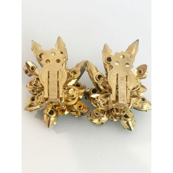 Vintage BeauJewels Rhinestone Clip On Earrings Aurora Borealis Green Marquise - Picture 4 of 5